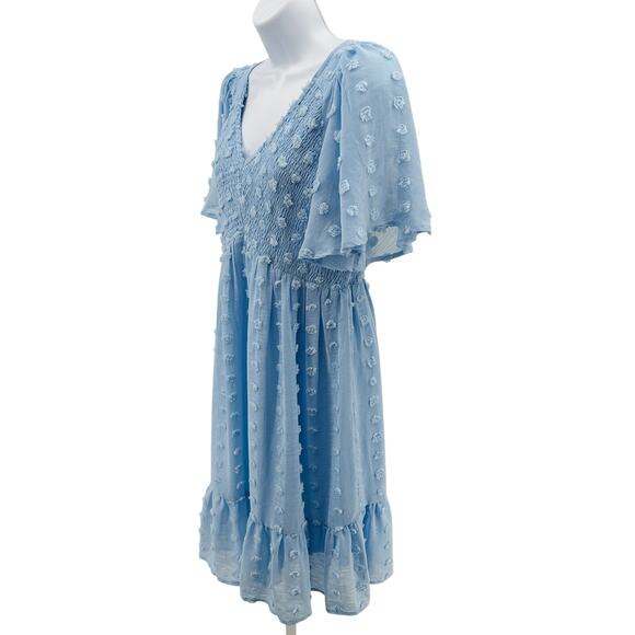 Jodifl Mini Dress M Baby Blue Smocked Swiss Dot Ruffle Hem Lined Flutter Sleeve - Picture 5 of 9
